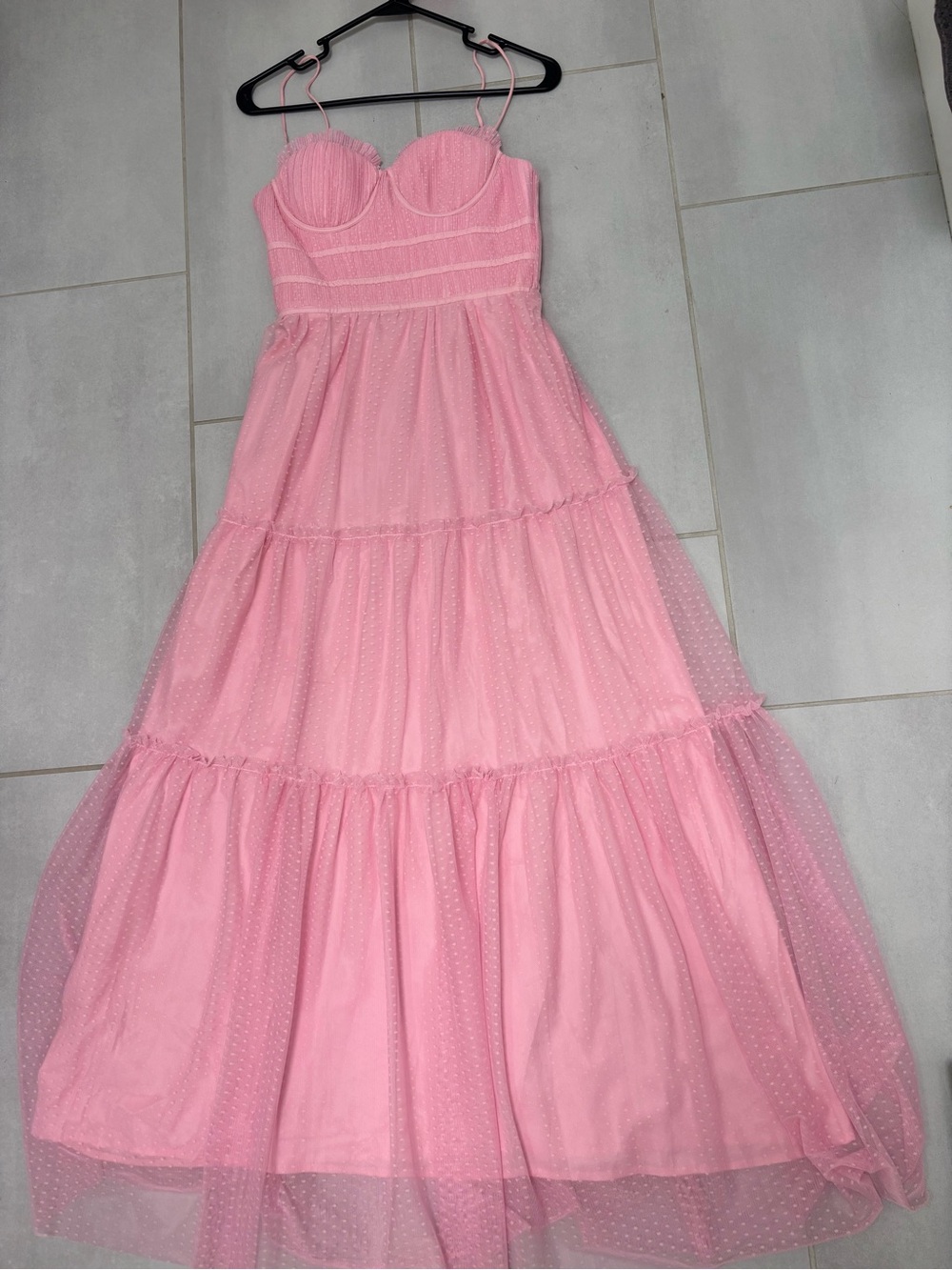 Pink Tiered Polka Dot Maxi Dress with Sweetheart Bodice